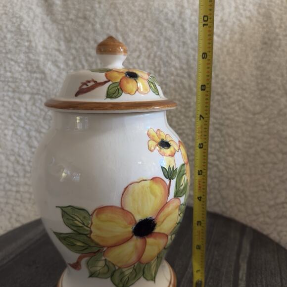 Vintage Ceramic Canister / Cookie Jar Yellow Orange Brown Daisy Flower Pottery - Picture 4 of 6